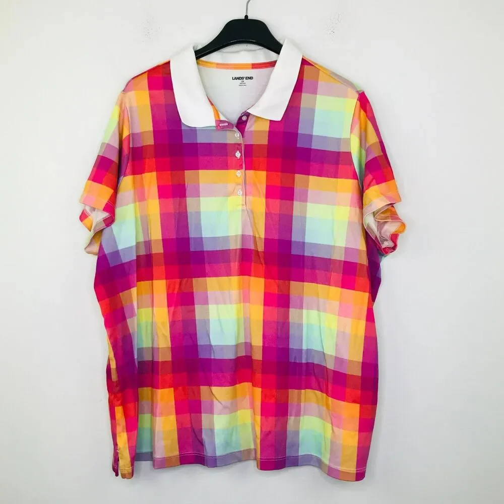 Lands End Women's 3X Polo Shirt Rainbow Plaid Short Sleeve Cotton Popover CM24